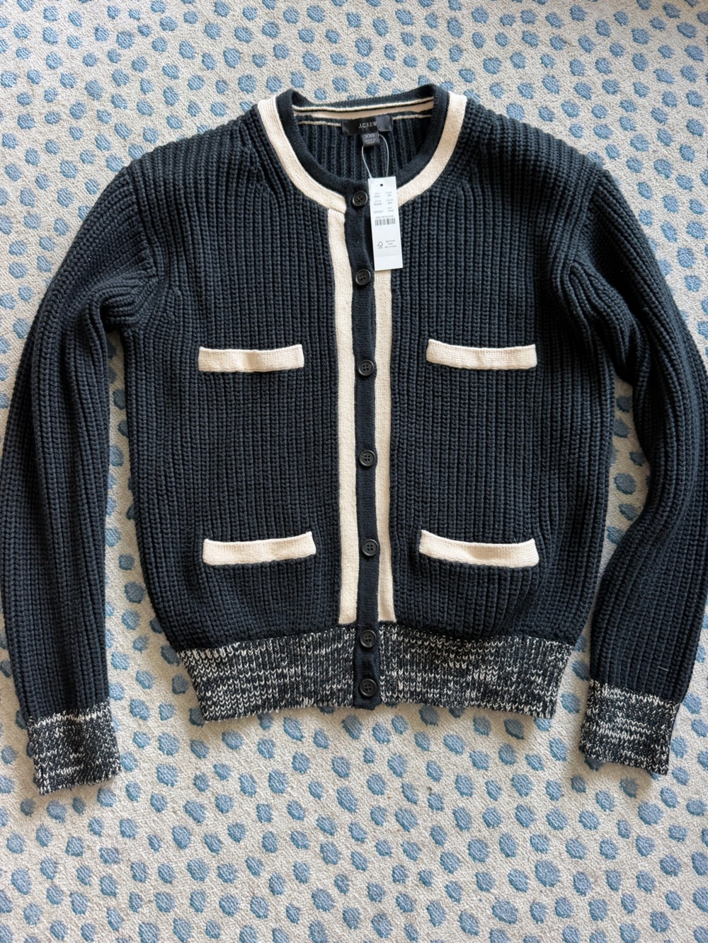 J. Crew Black Cardigan with Cream Trim and Marled Hem